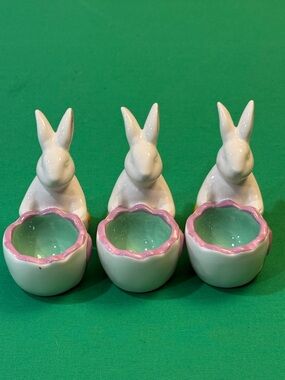 Lot of 3 Cost Plus World Market White Ceramic Bunny Egg Cups with Pink and Mint
